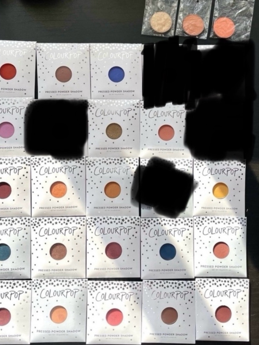 Set of 23 Colourpop Single Eyeshadows, blues purples pinks browns champagnes